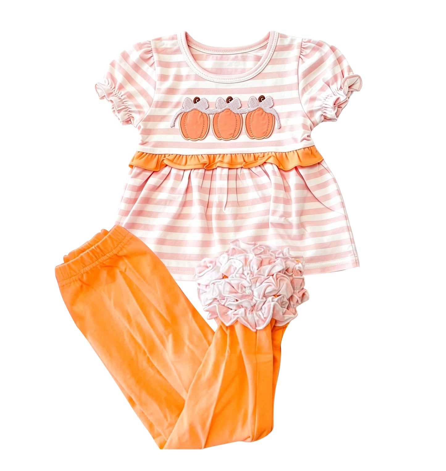 preorder GSPO2337 Pumpkin Bows Pink Striped Short Sleeve Orange Pants Girls Set
