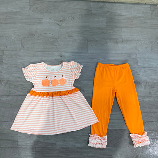 preorder Samples GSPO2337 Pumpkin Bows Pink Striped Short Sleeve Orange Pants Girls Set