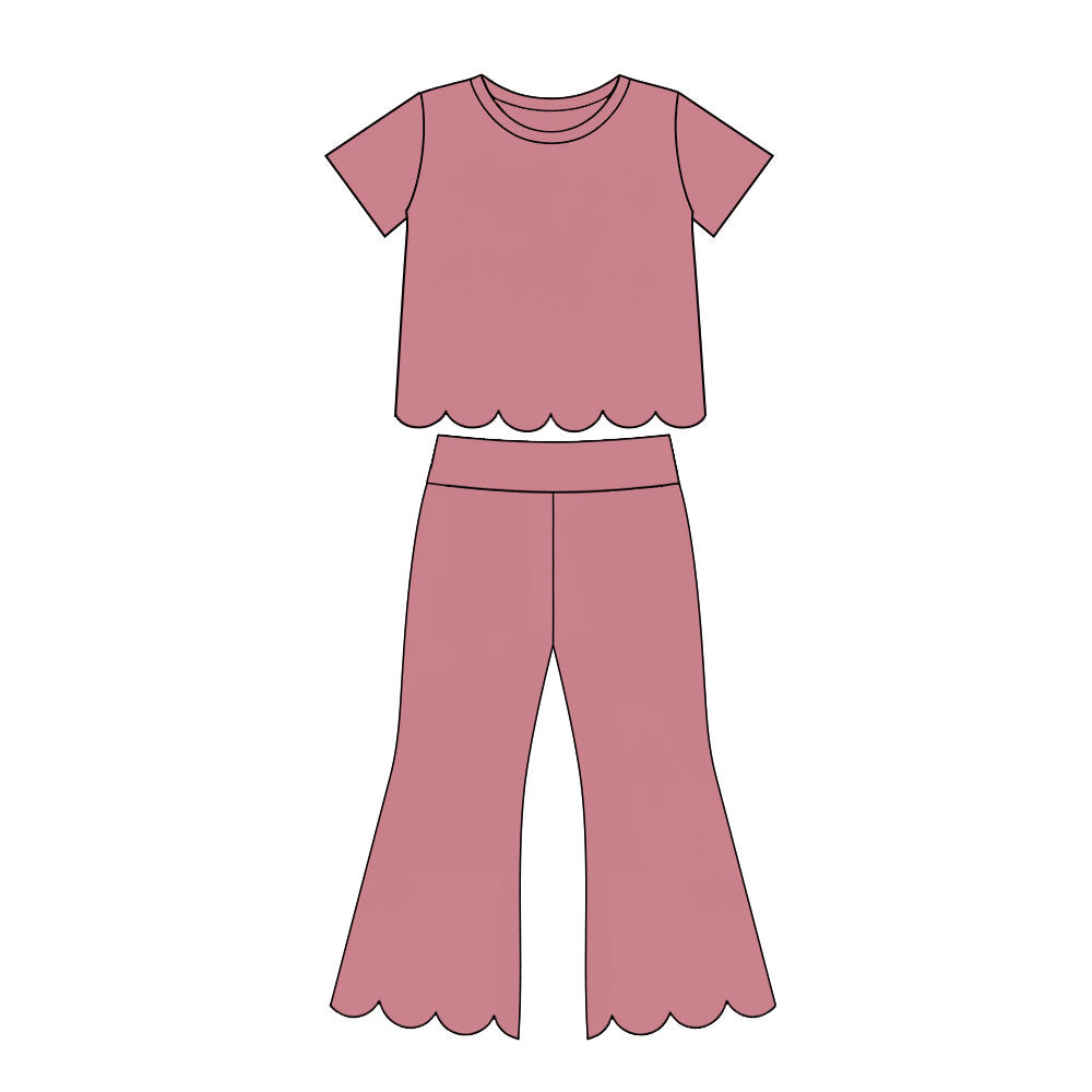 preorder GSPO2338 Scallop Pink Short Sleeve Pants Girls Set