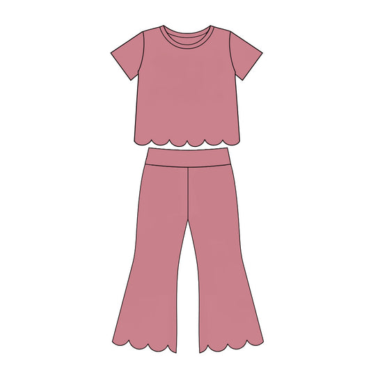 preorder GSPO2338 Scallop Pink Short Sleeve Pants Girls Set