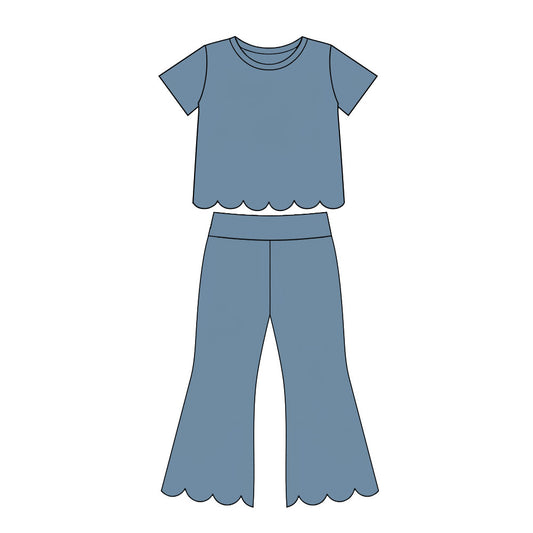 preorder GSPO2339 Scallop Blue Short Sleeve Pants Girls Set