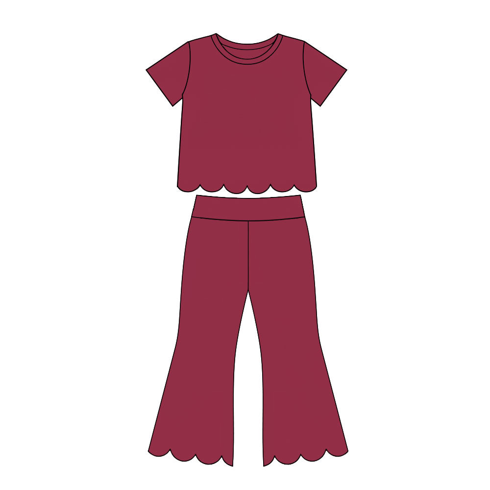preorder GSPO2341 Scallop Maroon Short Sleeve Pants Girls Set