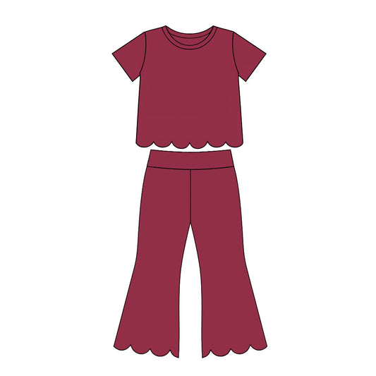 preorder GSPO2341 Scallop Maroon Short Sleeve Pants Girls Set