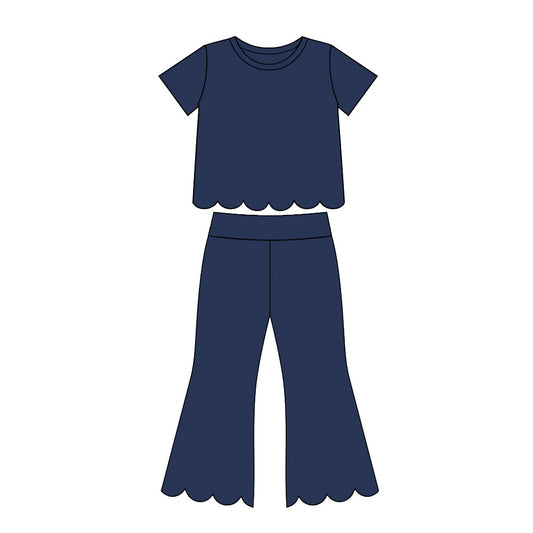 preorder GSPO2343 Scallop Navy Blue Short Sleeve Pants Girls Set
