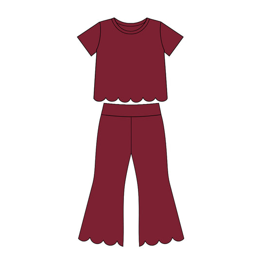 preorder GSPO2344 Scallop Maroon Short Sleeve Pants Girls Set