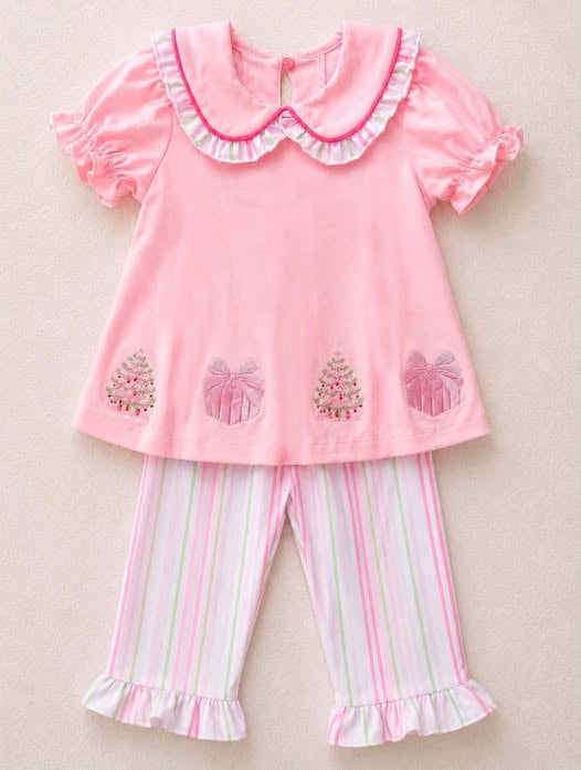 preorder GSPO2356 Christmas Tree Gift Pink Short Sleeve Pants Girls Set