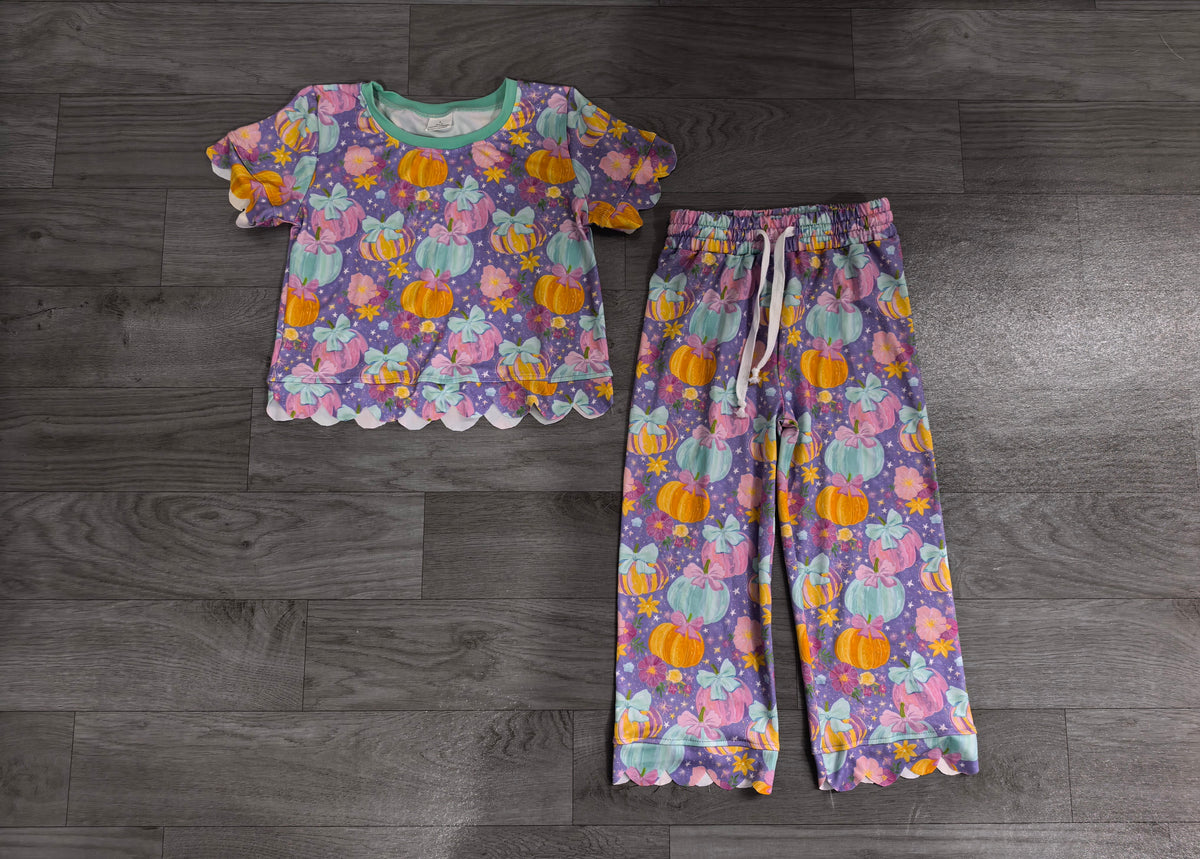 preorder Samples GSPO2364 Scallop Pumpkin Bows Purple Short Sleeve Pants Girls Set