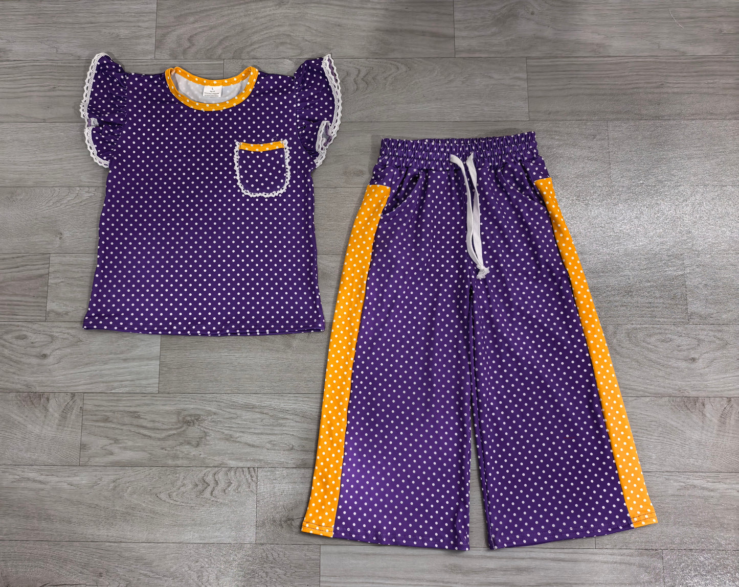 preorder Samples GSPO2366 Purple Dot Flutetr Sleeve Pants Girls Set