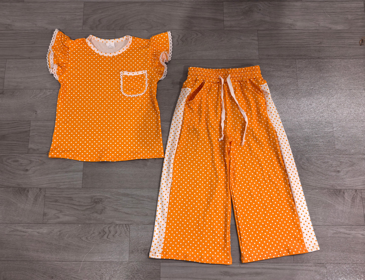 preorder Samples GSPO2367 Orange Dot Flutetr Sleeve Pants Girls Set
