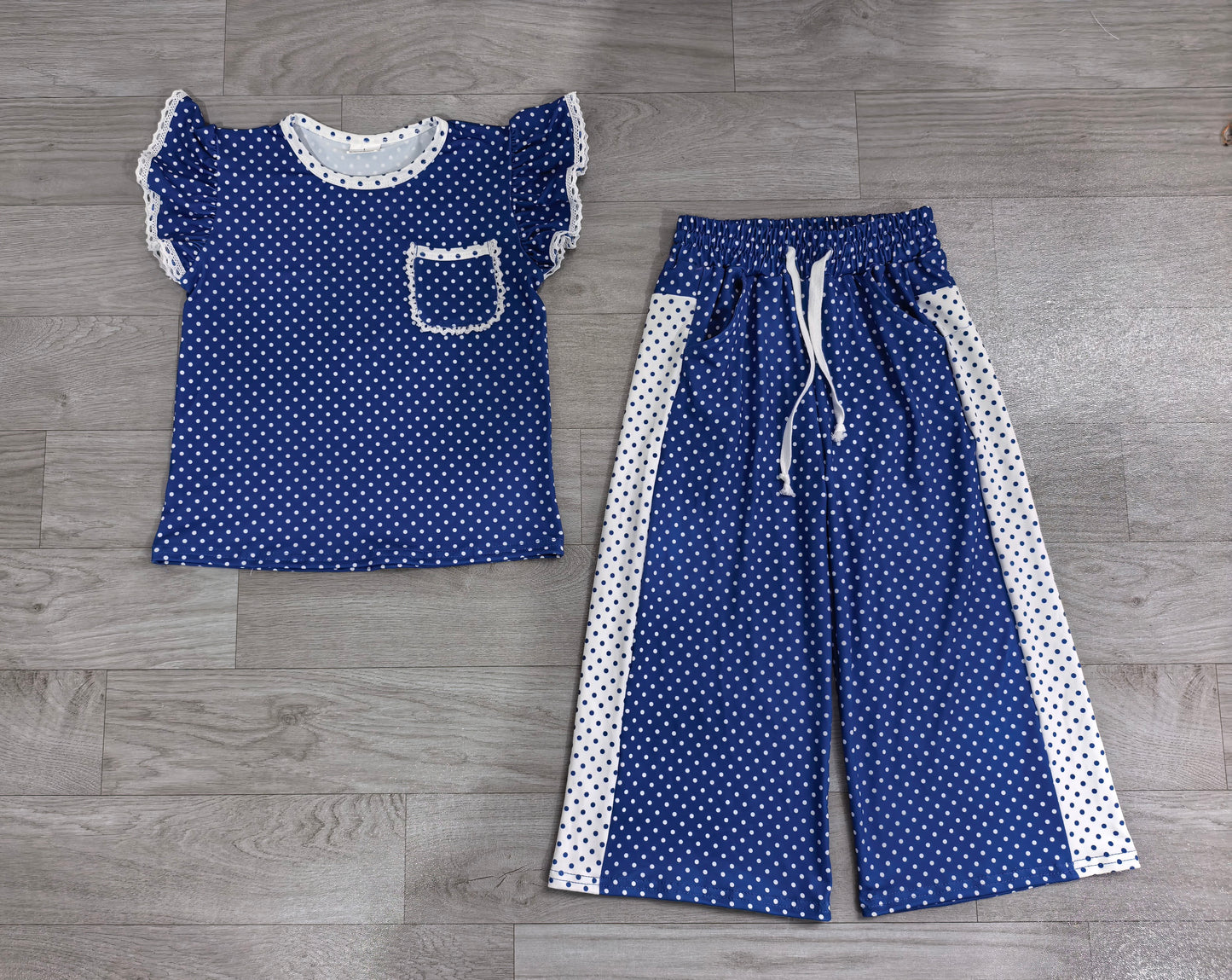 preorder Samples GSPO2372 Blue Dot Flutetr Sleeve Pants Girls Set