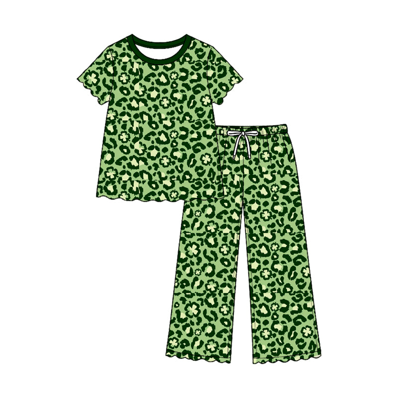 preorder GSPO2381 St Patrick Leopard Green Short Sleeve Pants Girls Set