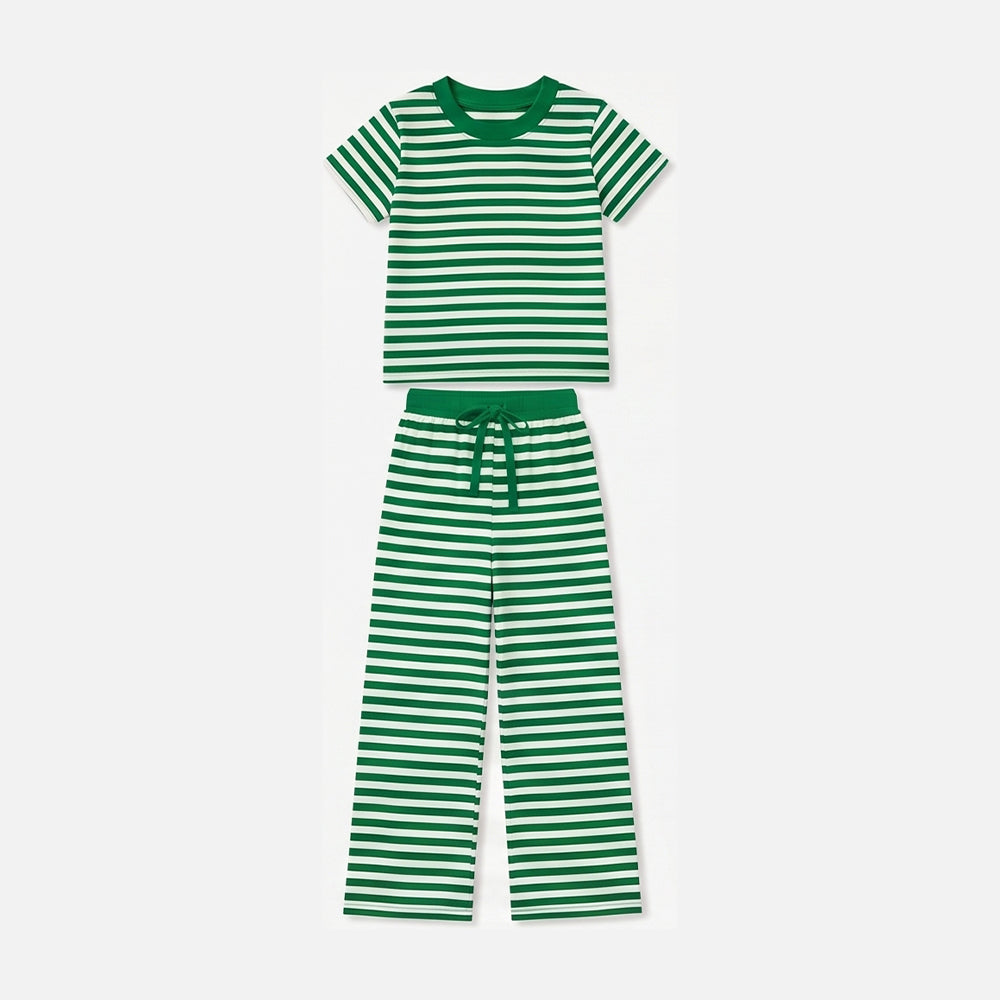 preorder GSPO2383 Green Striped Short Sleeve Pants Girls Set