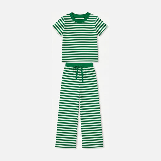 preorder GSPO2383 Green Striped Short Sleeve Pants Girls Set