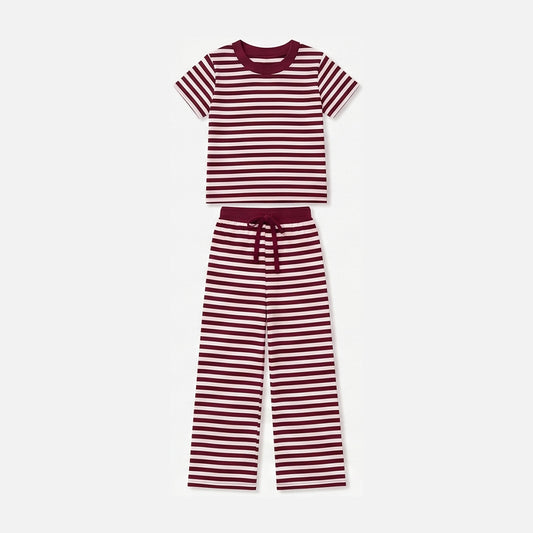 preorder GSPO2384 Maroon Striped Short Sleeve Pants Girls Set