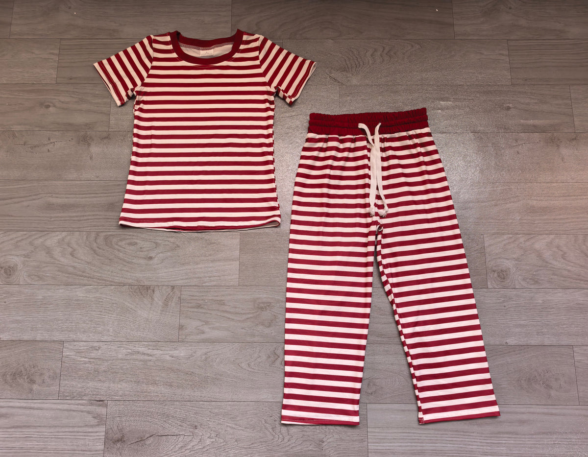 preorder Samples GSPO2384 Maroon Striped Short Sleeve Pants Girls Set