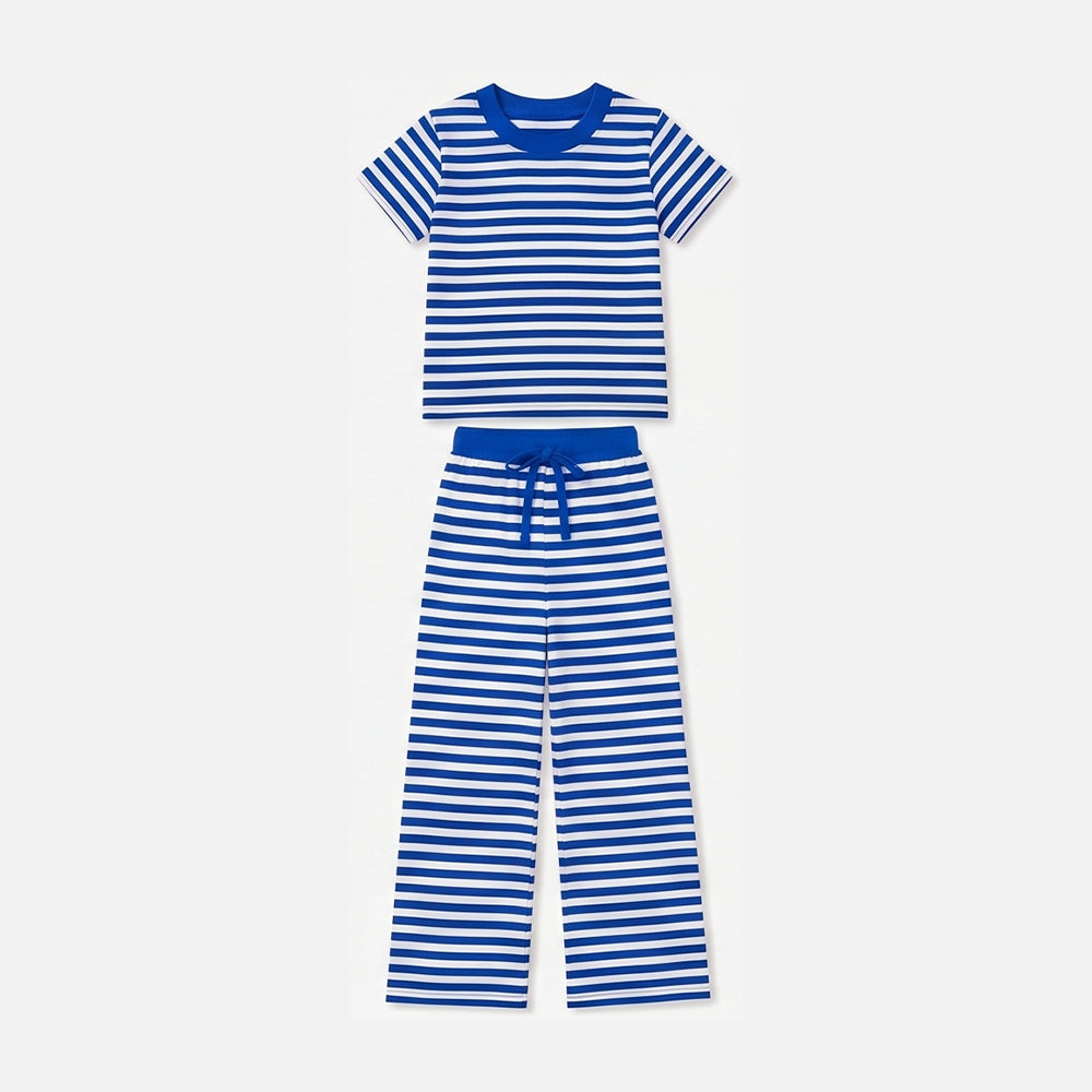preorder GSPO2385 Blue Striped Short Sleeve Pants Girls Set