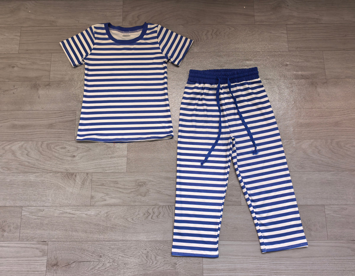 preorder Samples GSPO2385 Blue Striped Short Sleeve Pants Girls Set