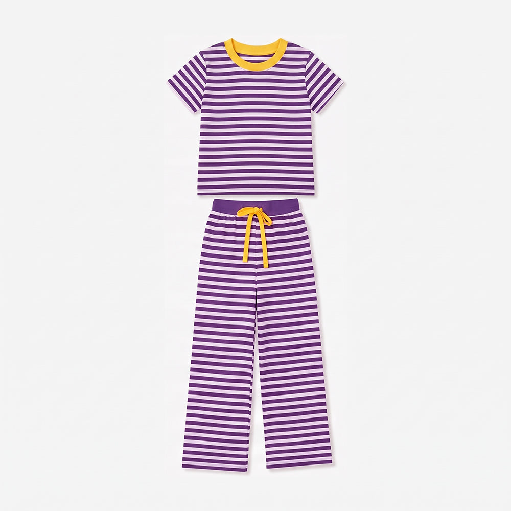 preorder GSPO2386 Purple Striped Short Sleeve Pants Girls Set