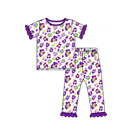 preorder GSPO2388  Mardi Gras Leopard Purple Short Sleeve Pants Girls Set
