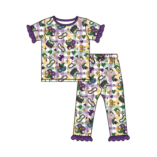 preorder GSPO2390 Mardi Gras Mask Purple Checkered Short Sleeve Pants Girls Set