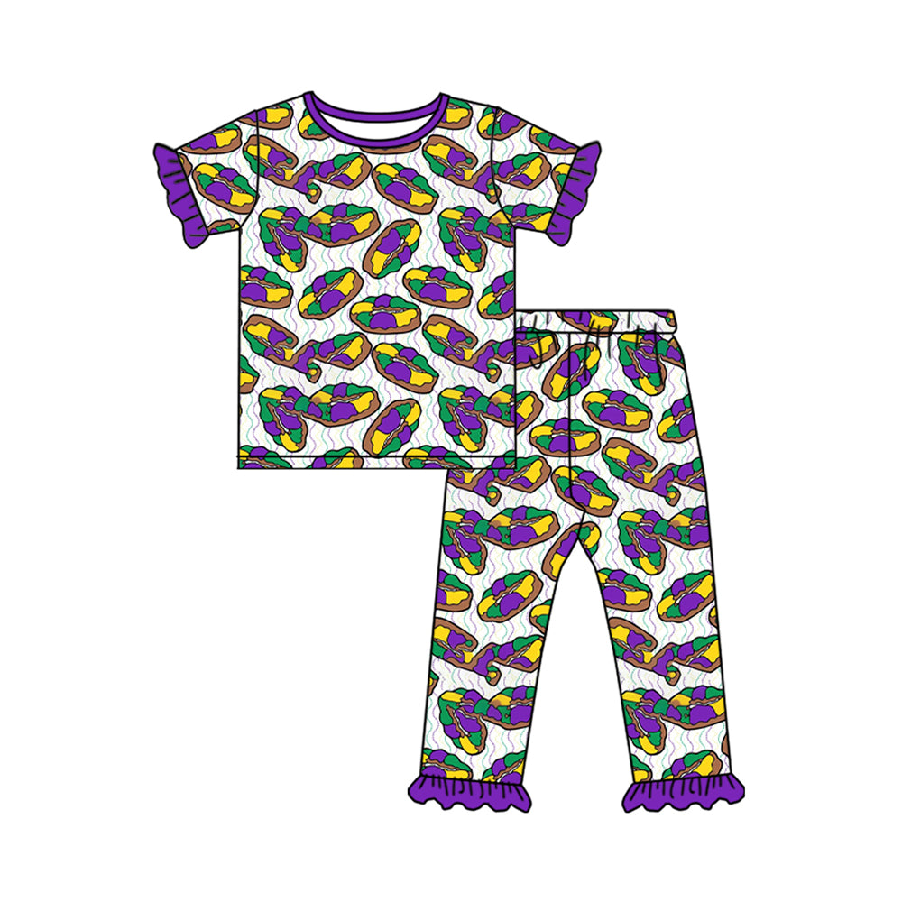 preorder GSPO2391 Mardi Gras Dount Short Sleeve Pants Girls Set