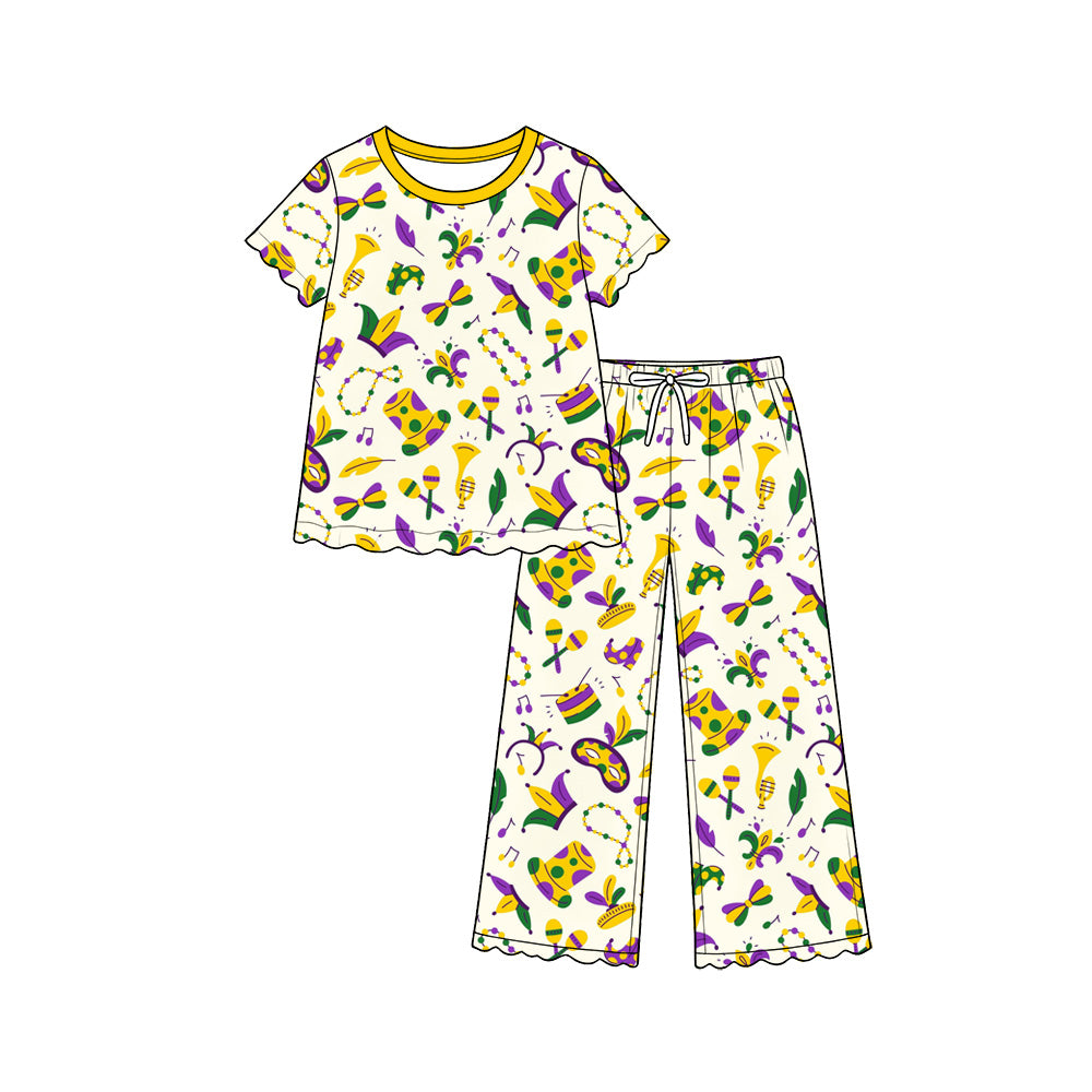 preorder GSPO2393 Mardi Gras Yellow Short Sleeve Pants Girls Set
