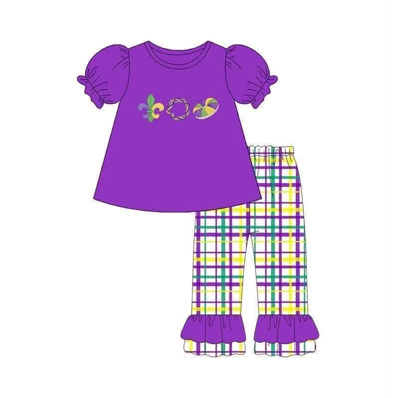 preorder GSPO2395 Mardi Gras Purple Short Sleeve Checkered Pants Girls Set