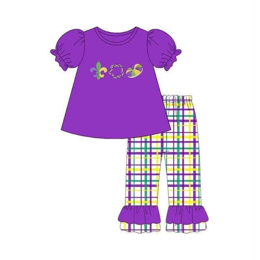 preorder GSPO2395 Mardi Gras Purple Short Sleeve Checkered Pants Girls Set