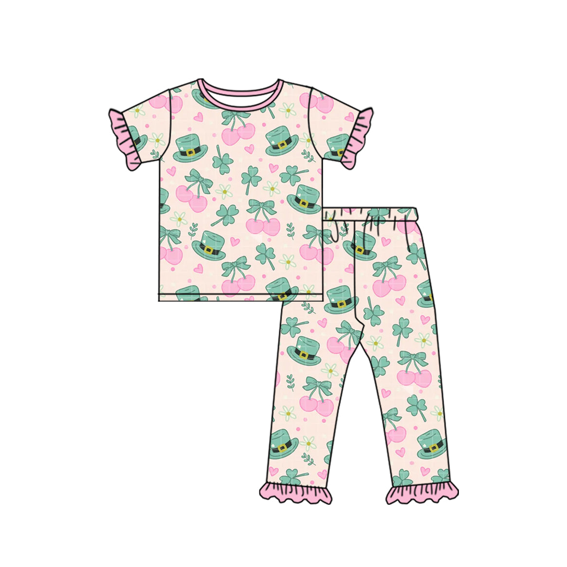 preorder GSPO2397 St Patrick Hat Cherry Clover Short Sleeve Pants Girls Set