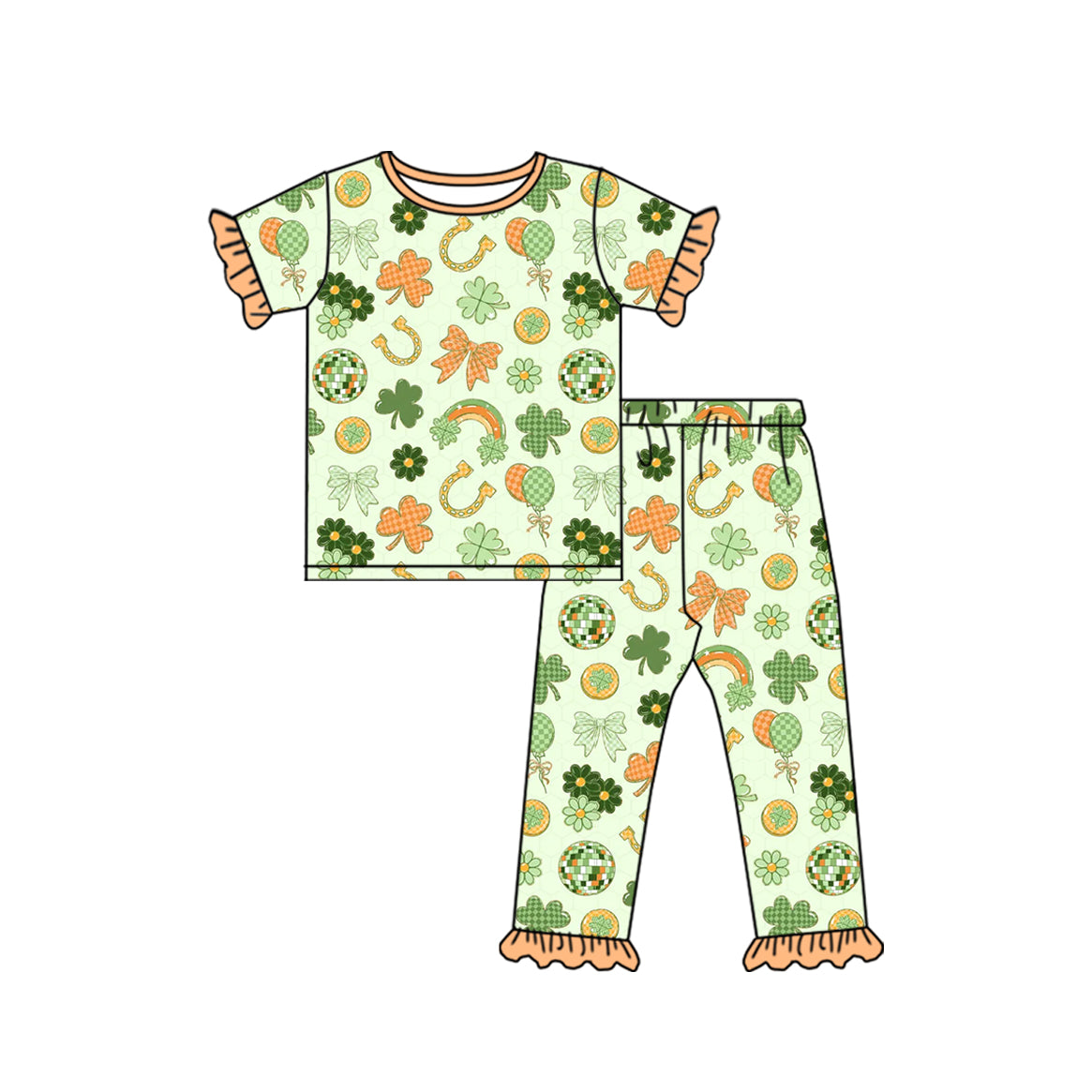 preorder GSPO2398 St Patrick Clover Balloon Short Sleeve Pants Girls Set