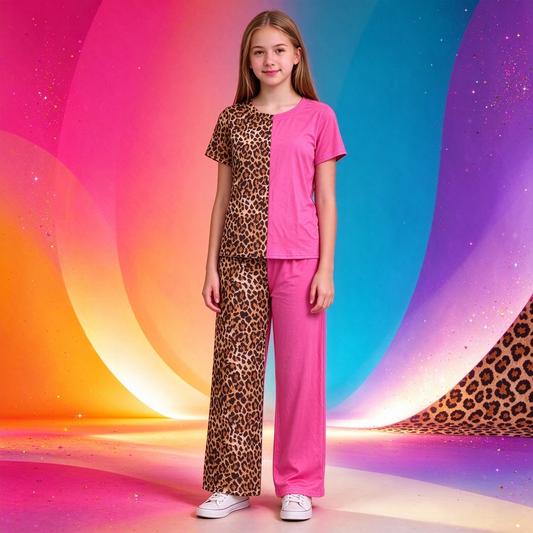preorder Samples GSPO2402 Leopard Hot Pink Short Sleeve Pants Girls Set