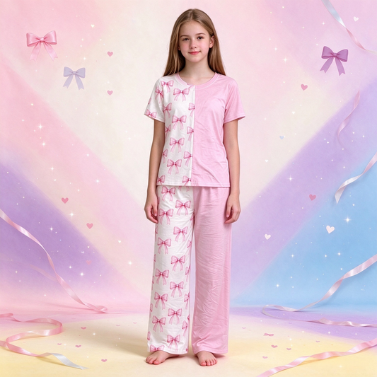 preorder Samples GSPO2403 Bows Pink Short Sleeve Pants Girls Set