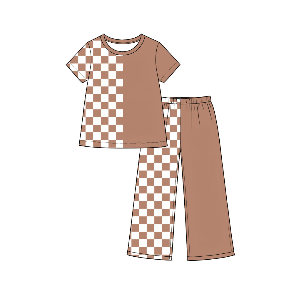 preorder GSPO2404 Checkered Brown Short Sleeve Pants Girls Set