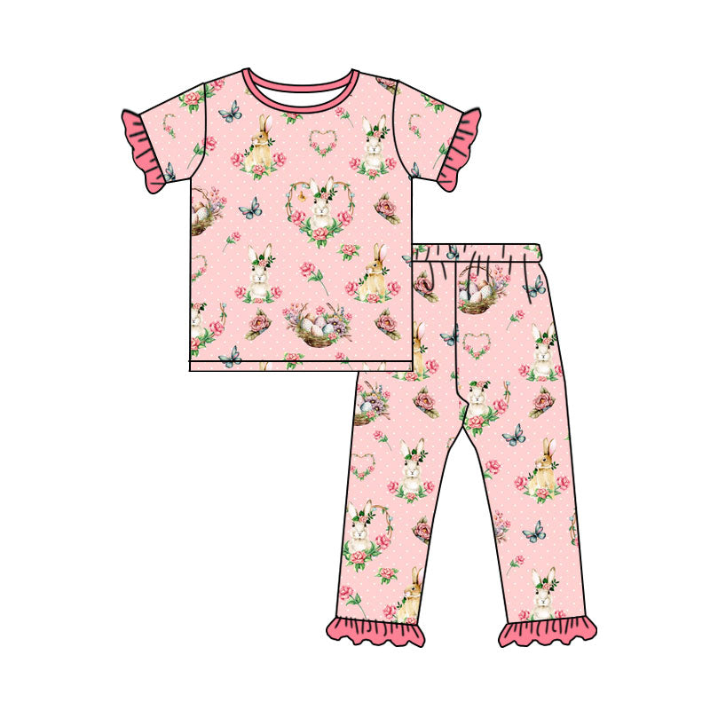 preorder GSPO2406 Easter Rabbit Flowers Pink Short Sleeve Pants Girls Set