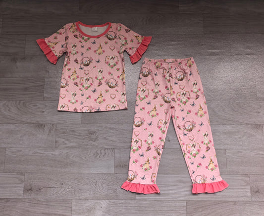 preorder Samples GSPO2406 Easter Rabbit Flowers Pink Short Sleeve Pants Girls Set