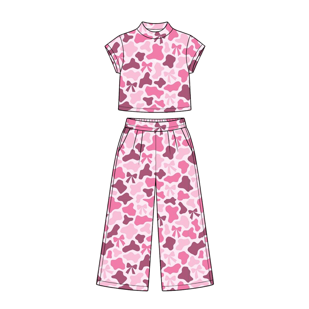 preorder GSPO2410 Pink Bows Camo Short Sleeve Pants Girls Set