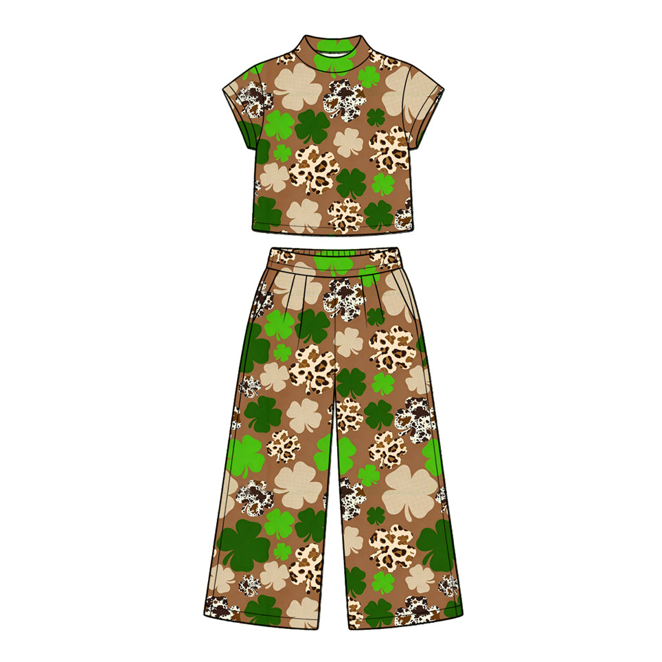 preorder GSPO2416 St Patrick Clover Short Sleeve Pants Girls Set
