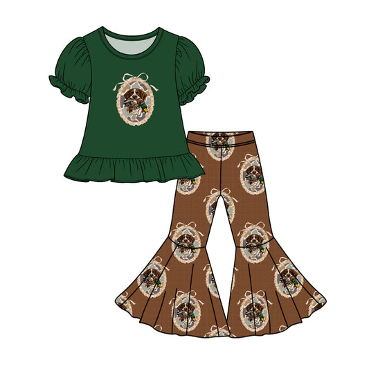 preorder GSPO2429 Hunting Duck Dog Green Short Sleeve Brown Pants Girls Set