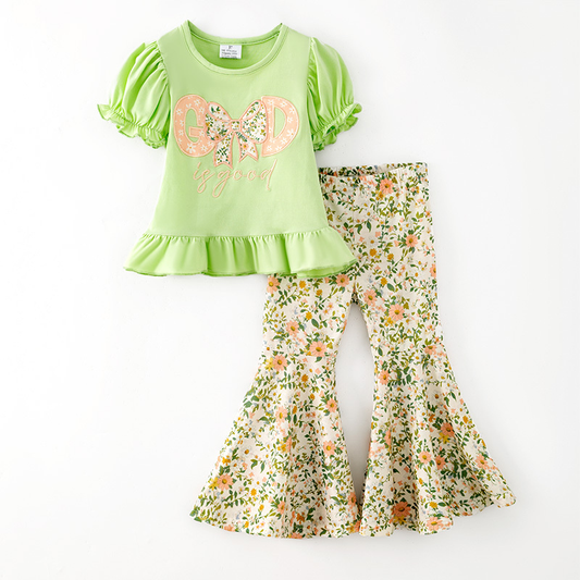 preorder GSPO2430 St Patrick God Bow Green Short Sleeve Flowers Pants Girls Set
