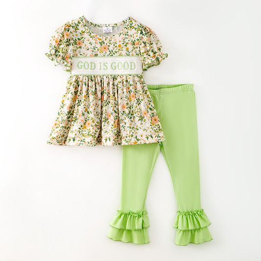 preorder GSPO2431 St Patrick God Is Good Flowers Short Sleeve Pink Pants Girls Set