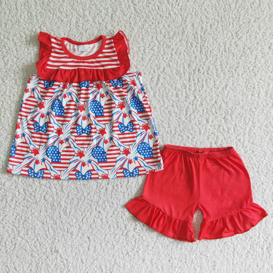 GSSO0055 July 4th bow red striped sleeveless red shorts girls set