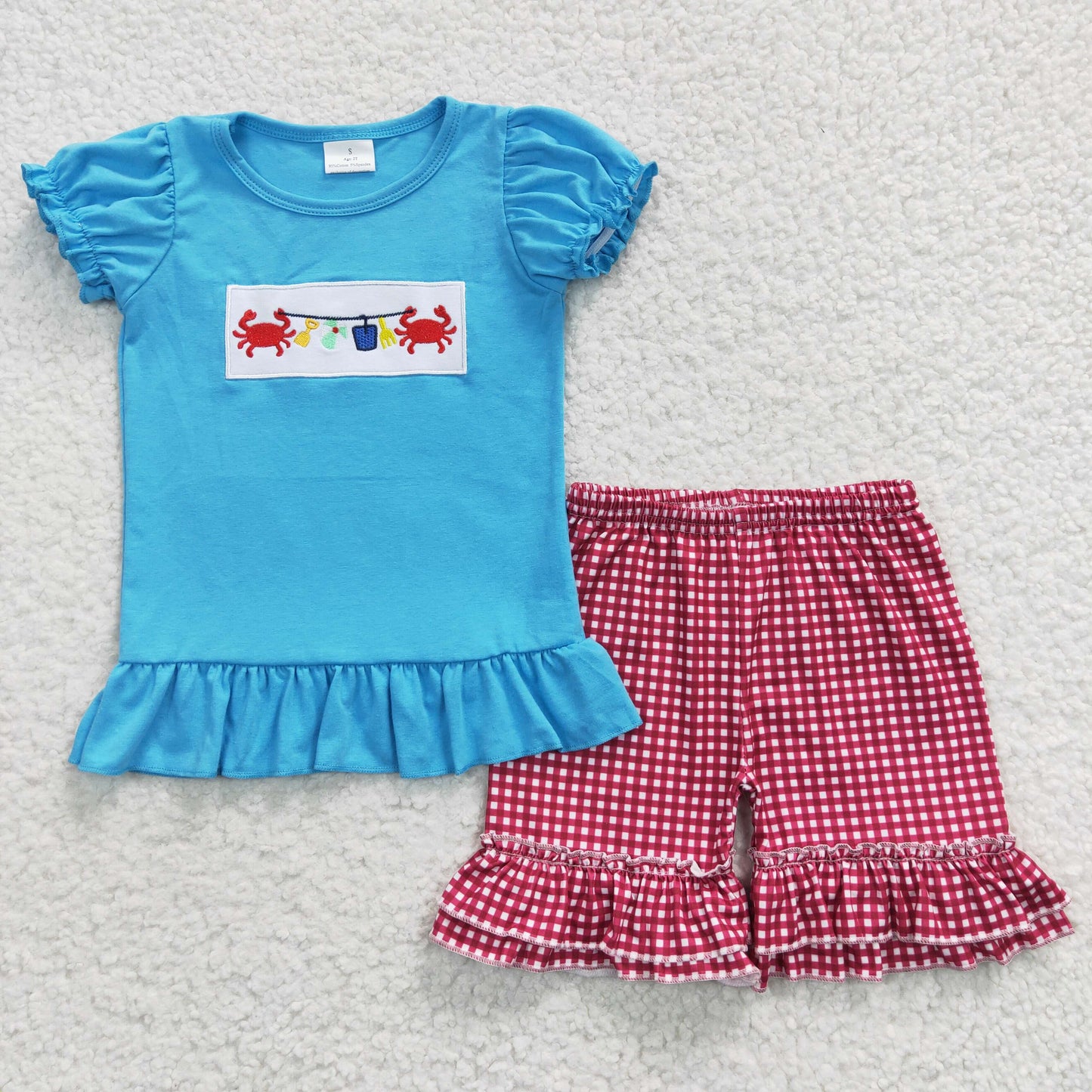 GSSO0274 Embroidery Crab Blue Short Sleeve Red Cell Shorts Girls Summer Set