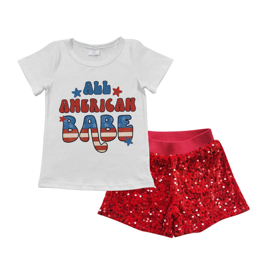 GSSO0350 4th of July Babe White Top Red Sequin Shorts Girls Set