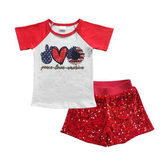 GSSO0350 4th of July Flowers White Top Red Sequin Shorts Girls Set