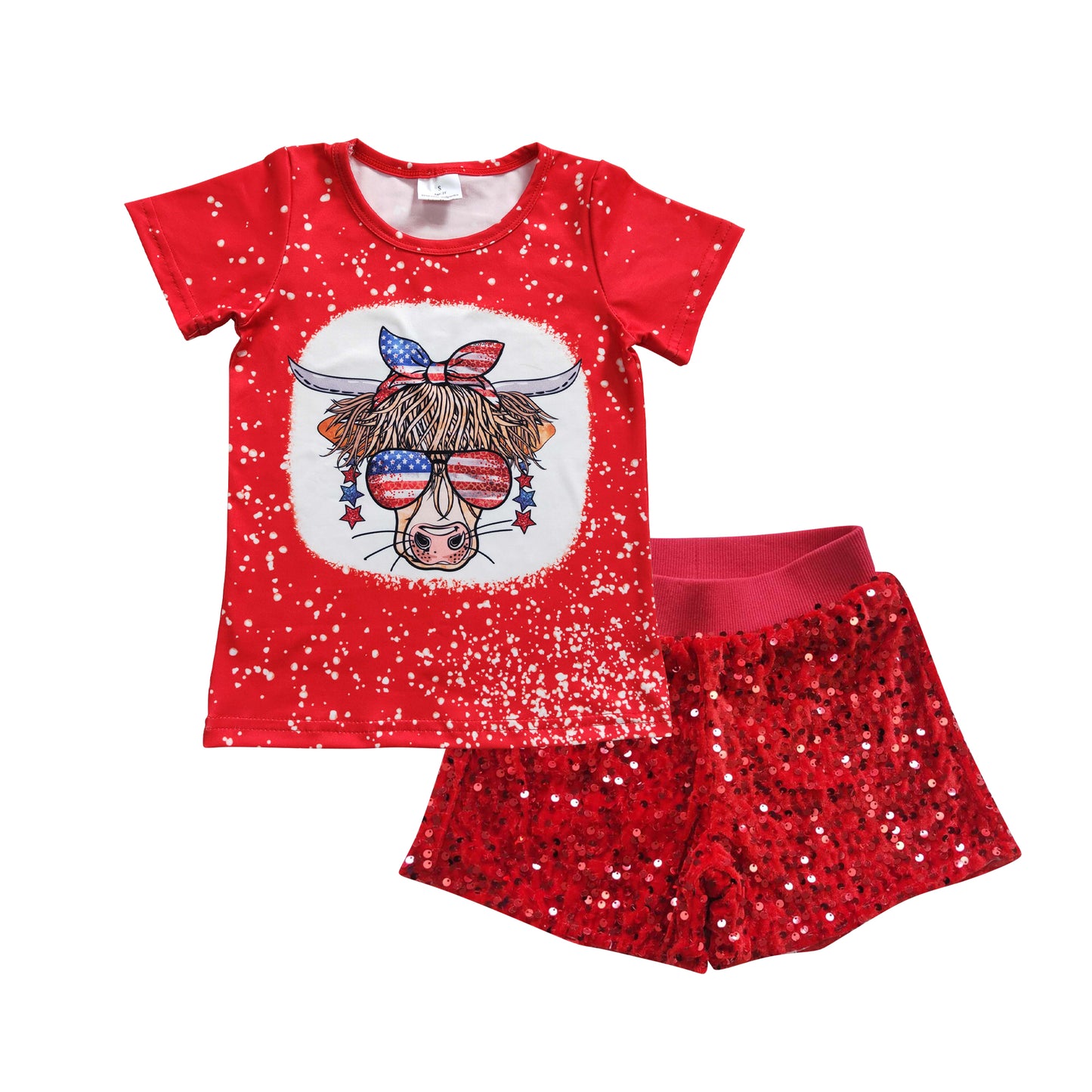 GSSO0350 4th of July Cow Red Top Red Sequin Shorts Girls Set