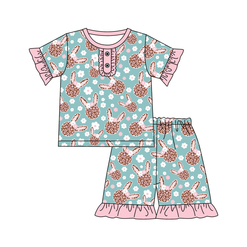 preorder GSSO0365 Easter leopard rabbit flowers blue short sleeve shorts girls set