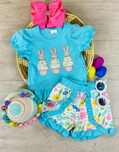 preorder GSSO0370 Easter rabbit blue short sleeve colorful flowers shorts girls set