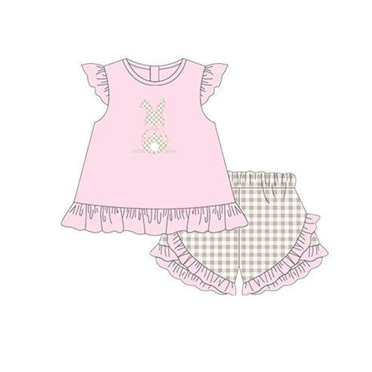 preorder GSSO0374 Easter rabbit pink flutter khaki checkered shorts girls set