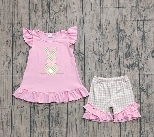 preorder Samples GSSO0374 Easter Rabbit Pink Flutter Sleeve Checkered Shorts Girls Set