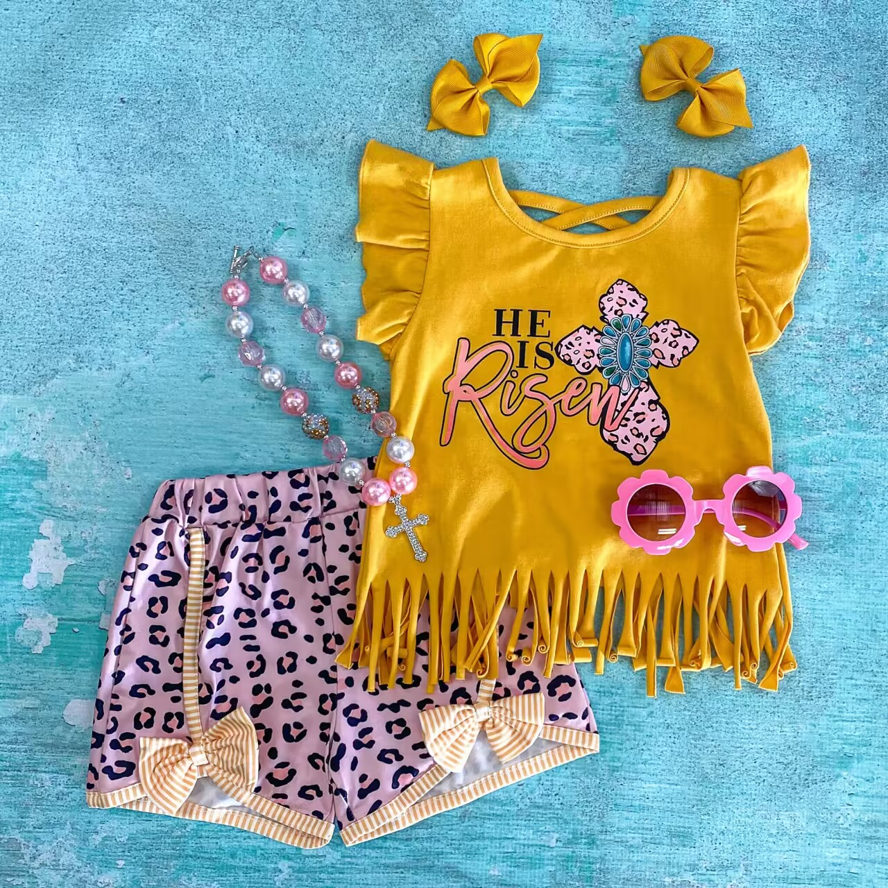 preorder GSSO0375 Easter crucifix yellow tassels flutter sleeve pink leopard shorts girls set